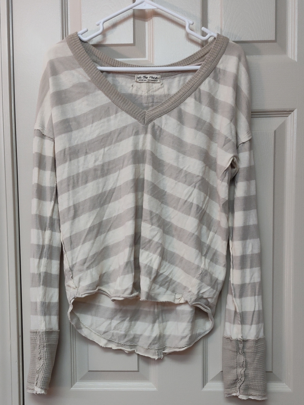 Free People Cream and Taupe Striped Long Sleeve V-Neck Top